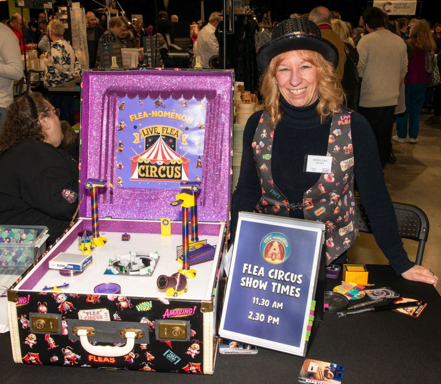 Dee Dale with her Flea Circus stand.